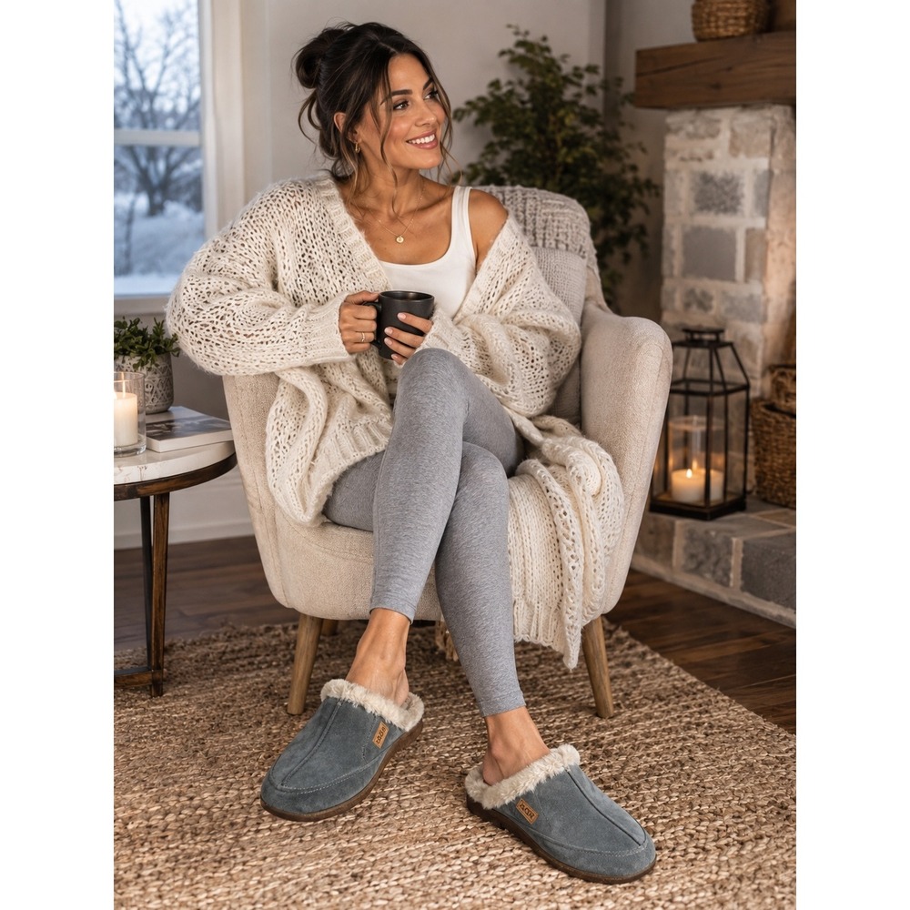 Taos Good Times Slate Blue Suede Faux Fur Lined Clog Slippers Womens 8 FTR-14064